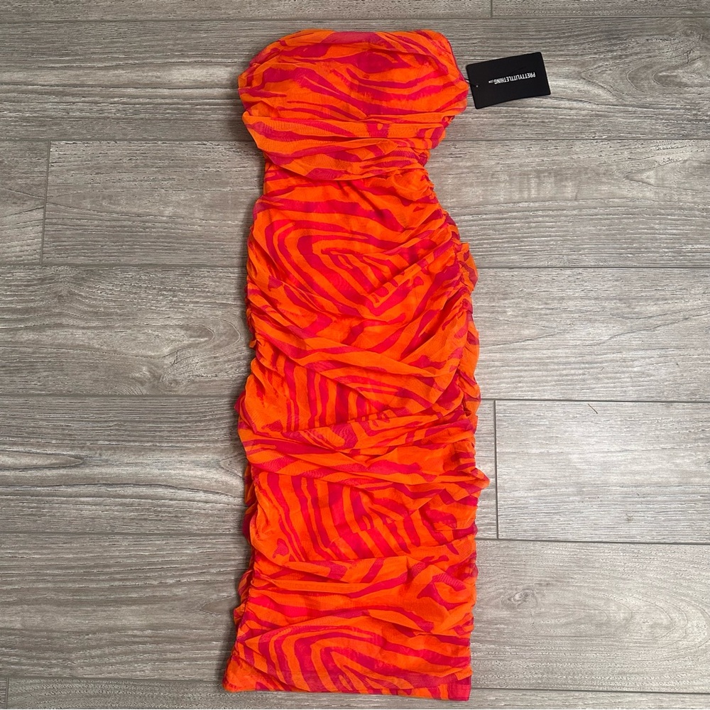 Strapless Midi Mesh Bodycon Bandeau Abstract corset Dress in Orange and Pink - Picture 3 of 7